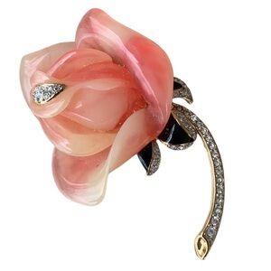 KJL Kenneth Jay Lane Rose Flower Brooch Pink Swirl Lucite Rhinestones Enamel